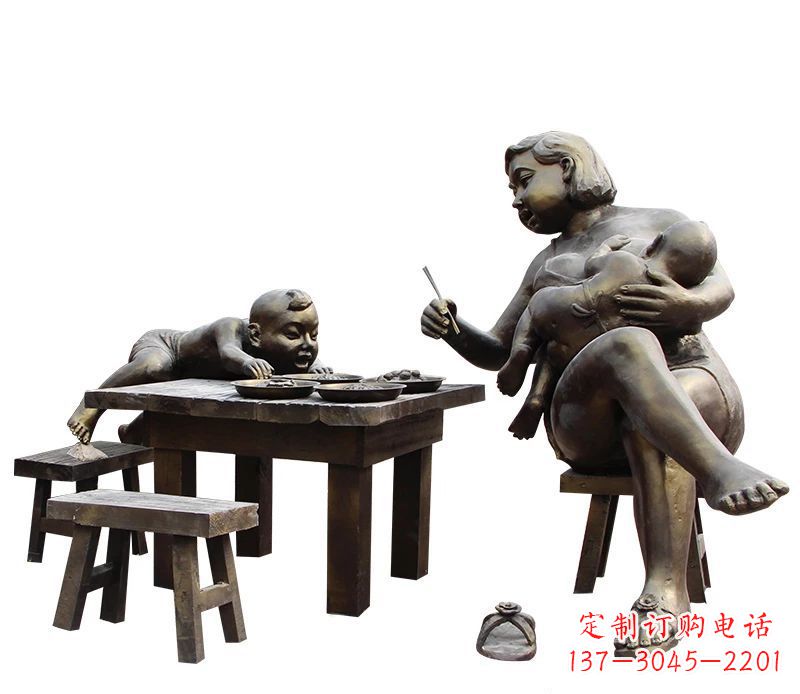 运城哺乳的母亲和吃饭的儿童公园小品铜雕