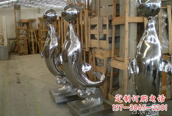 运城不锈钢抽象海豚顶球雕塑
