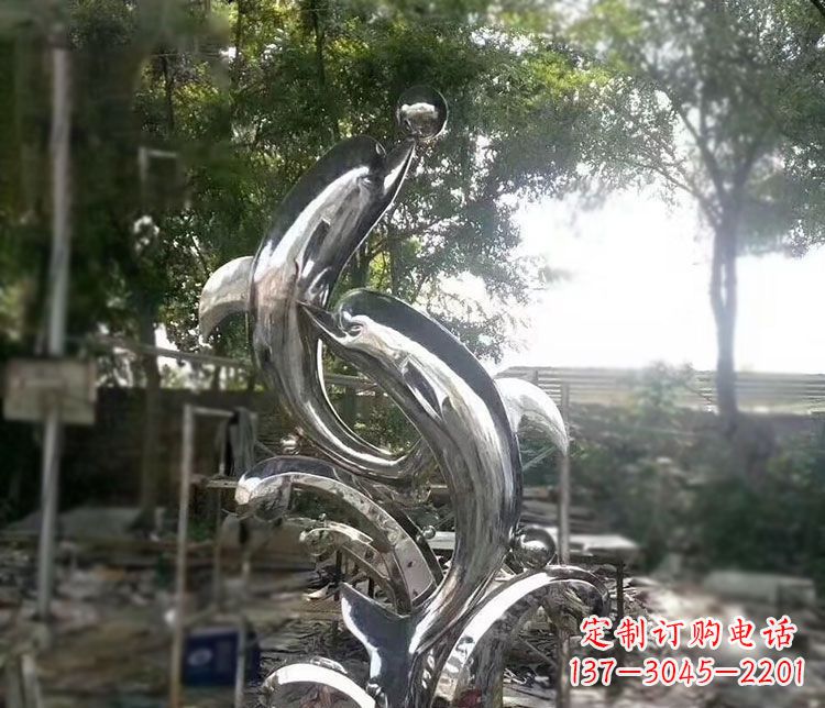 运城不锈钢海豚顶球雕塑