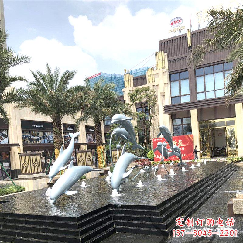 运城不锈钢海豚喷泉-城市企业街道睡觉景观雕塑