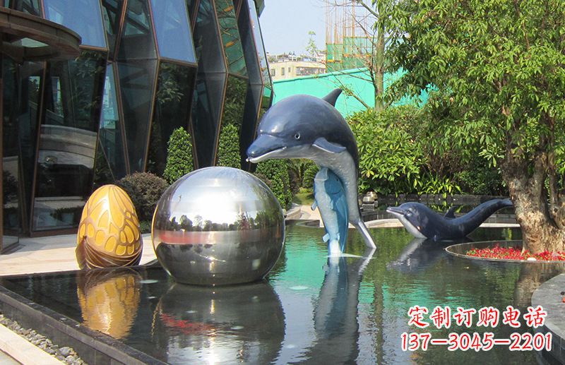 运城不锈钢海豚水景雕塑,企业公园园林创意景观雕塑