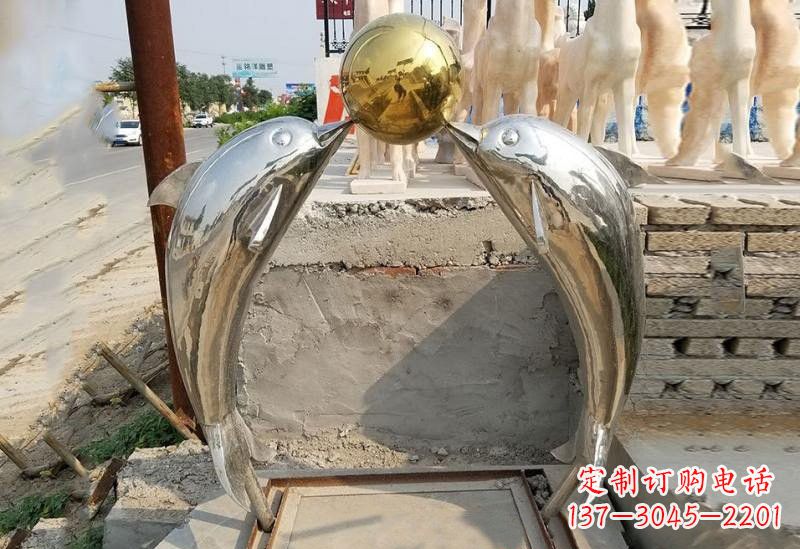 运城不锈钢镜面海豚顶球雕塑