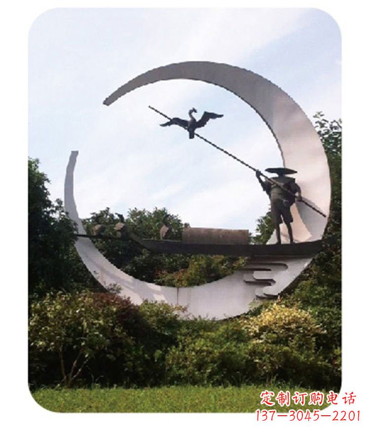 运城不锈钢鸬鹚和渔翁雕塑
