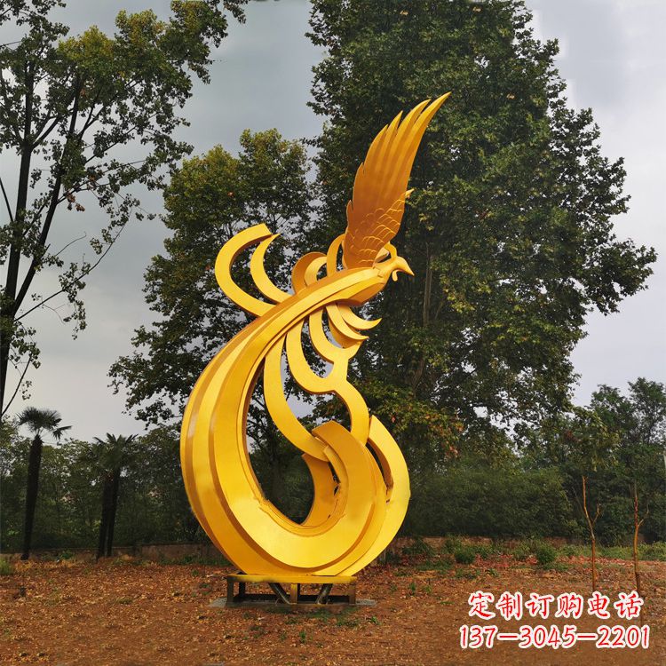 运城不锈钢漆金凤凰雕塑-黄金色园林动物景观雕塑