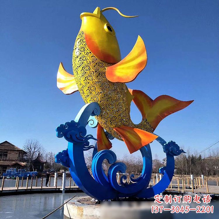 运城彩绘不锈钢鱼跃雕塑-大型水景喷泉动物雕塑