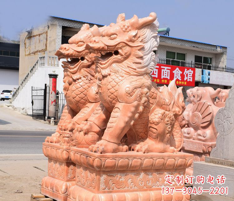运城踩球晚霞红麒麟门口镇宅石雕 (3)