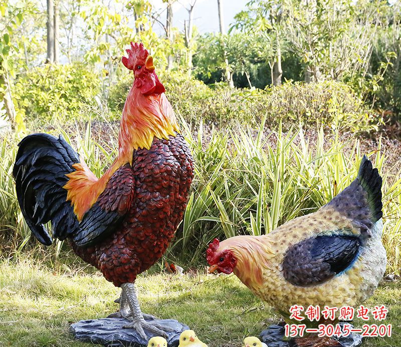 运城厂家直销户外园林树脂仿真公鸡母鸡 装饰品雕塑 玻璃钢绿化雕塑