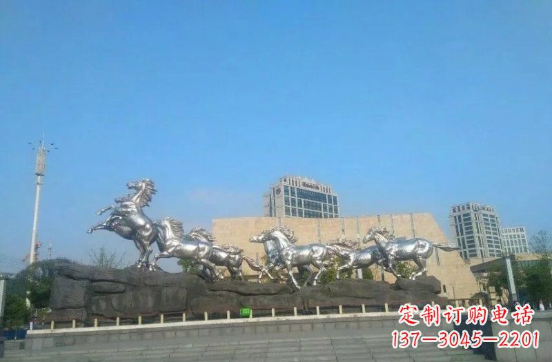 运城城市不锈钢奔跑的马群雕塑