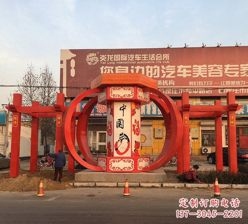 运城城市不锈钢中国梦灯笼主题雕塑