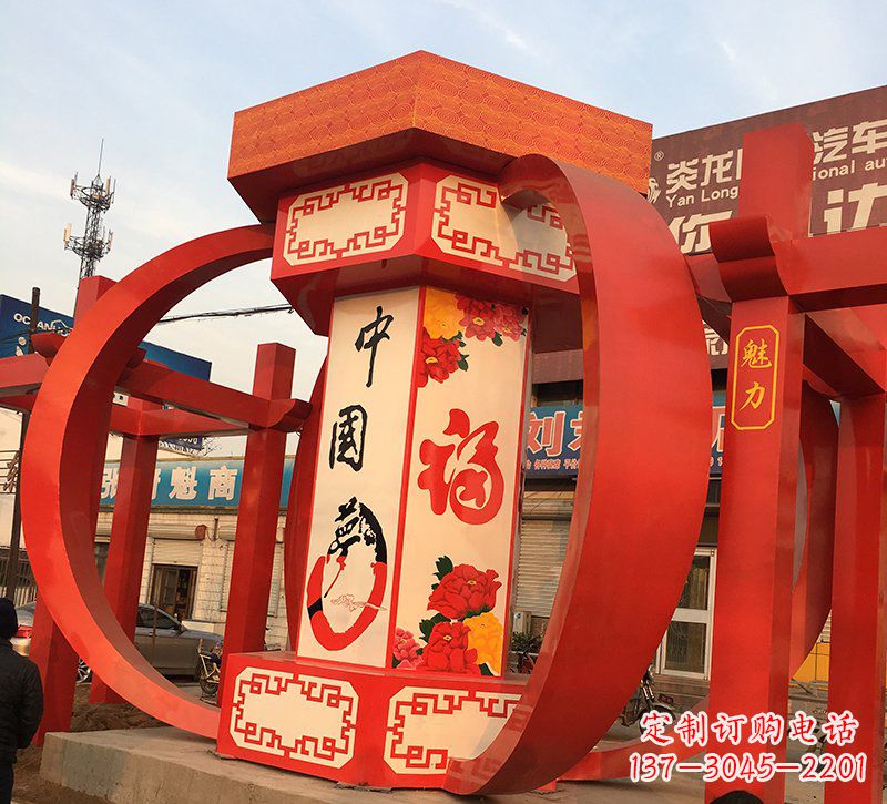 运城城市不锈钢中国梦灯笼雕塑