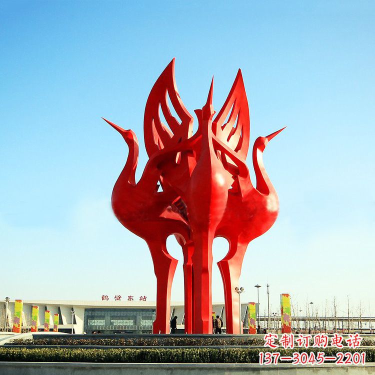 运城城市广场4只展翅欲飞的不锈钢仙鹤动物景观雕塑
