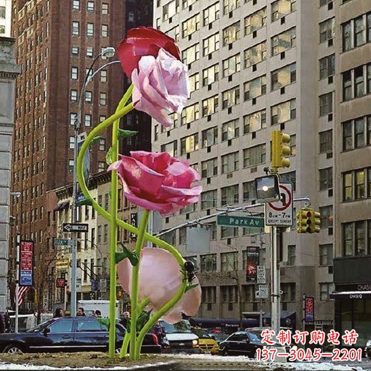 运城城市街道玻璃钢玫瑰花景观花朵雕塑