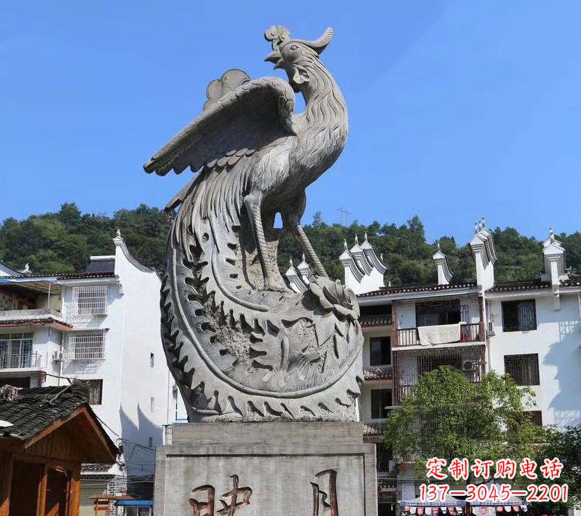 运城城市景点凤凰石雕,青石石刻神兽雕塑
