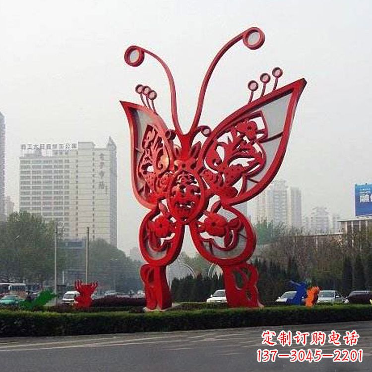 运城城市园林道路绿化带大型红色蝴蝶不锈钢雕塑景观