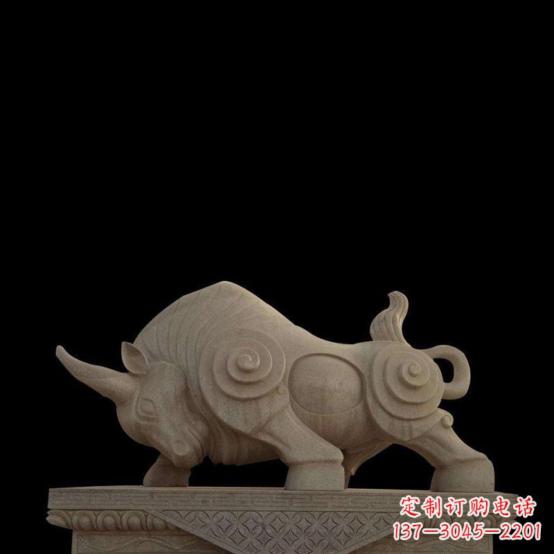 运城抽象牛砂岩雕塑-生肖动物石雕摆件