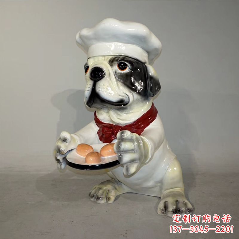 运城厨师造型斗牛犬,玻璃钢仿陶瓷狗雕塑