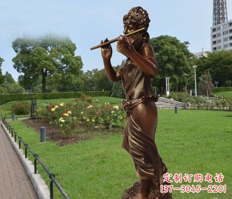 运城吹笛子的美女城市花园景观玻璃钢仿铜雕塑