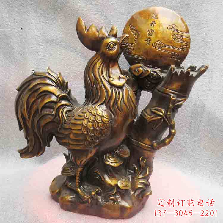 运城纯铜公鸡雕塑-花开富贵生肖动物摆件