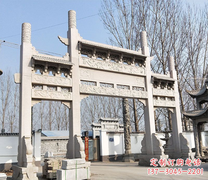 运城村口三门石牌坊石雕 (3)