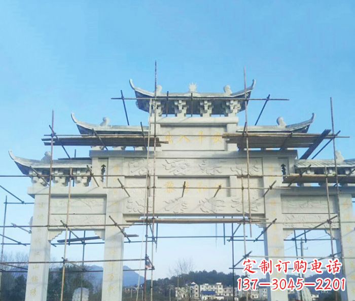 运城村庄大理石三门牌坊石雕 (4)