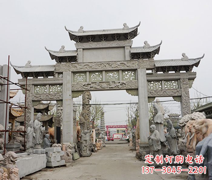 运城村庄大理石三门牌坊石雕 (3)