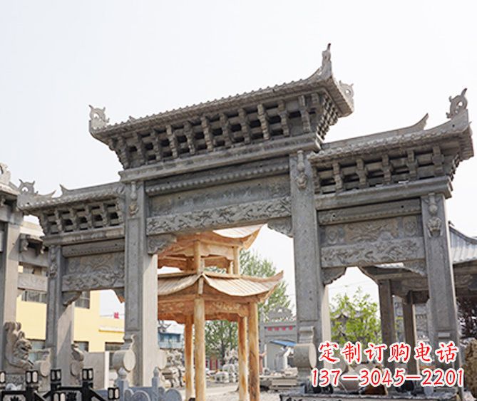 运城村庄大理石三门牌坊石雕 (5)