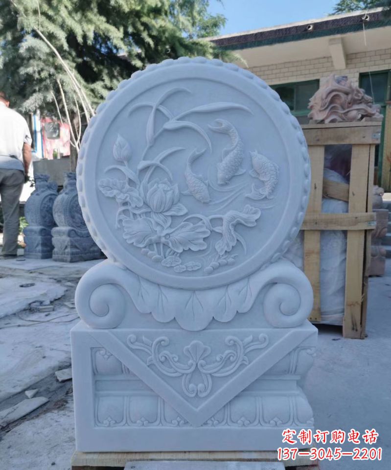 运城大理石荷花抱鼓石门墩庭院门口摆件