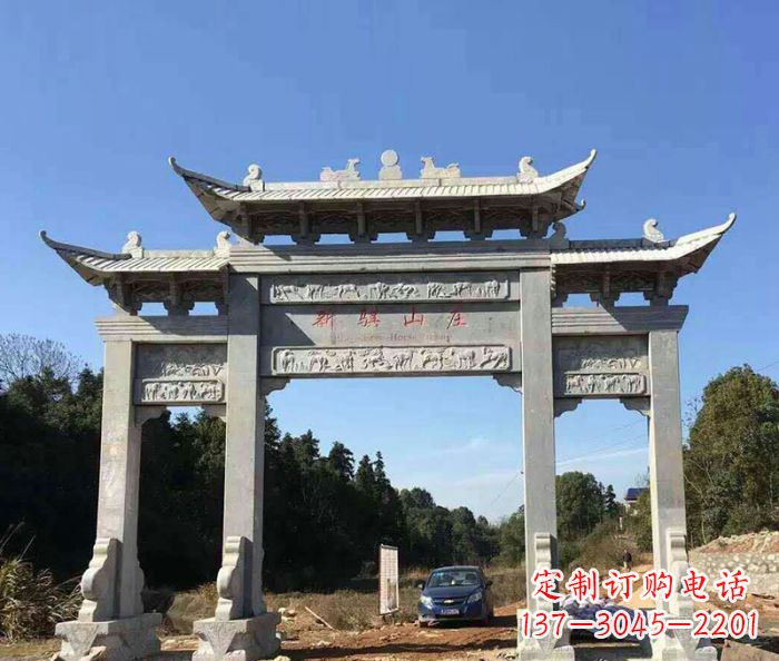 运城大理石三门牌坊石雕 (2)