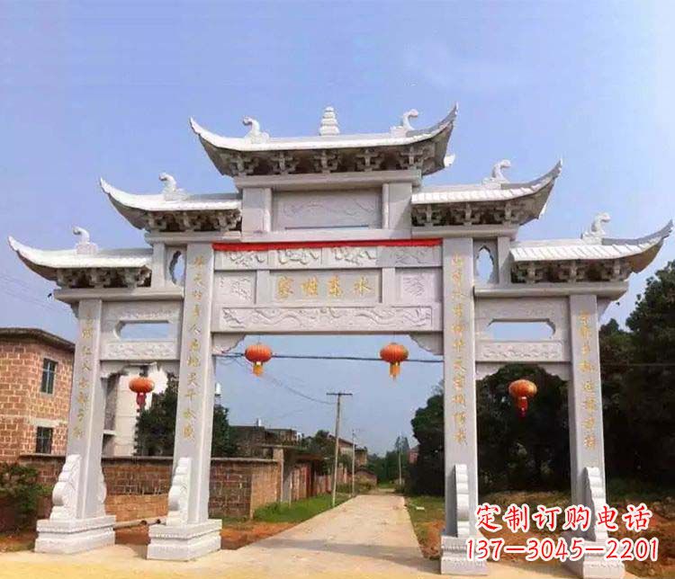 运城大理石三门五楼石牌坊石雕 (2)