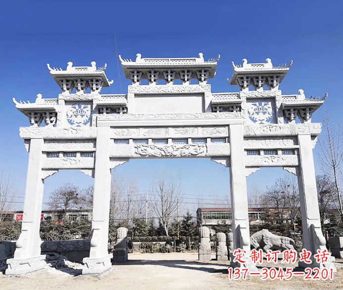 运城大理石三门五楼石牌坊石雕 (3)