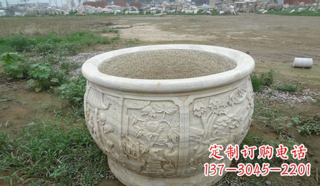运城大理石鸳鸯园林景观石雕花盆