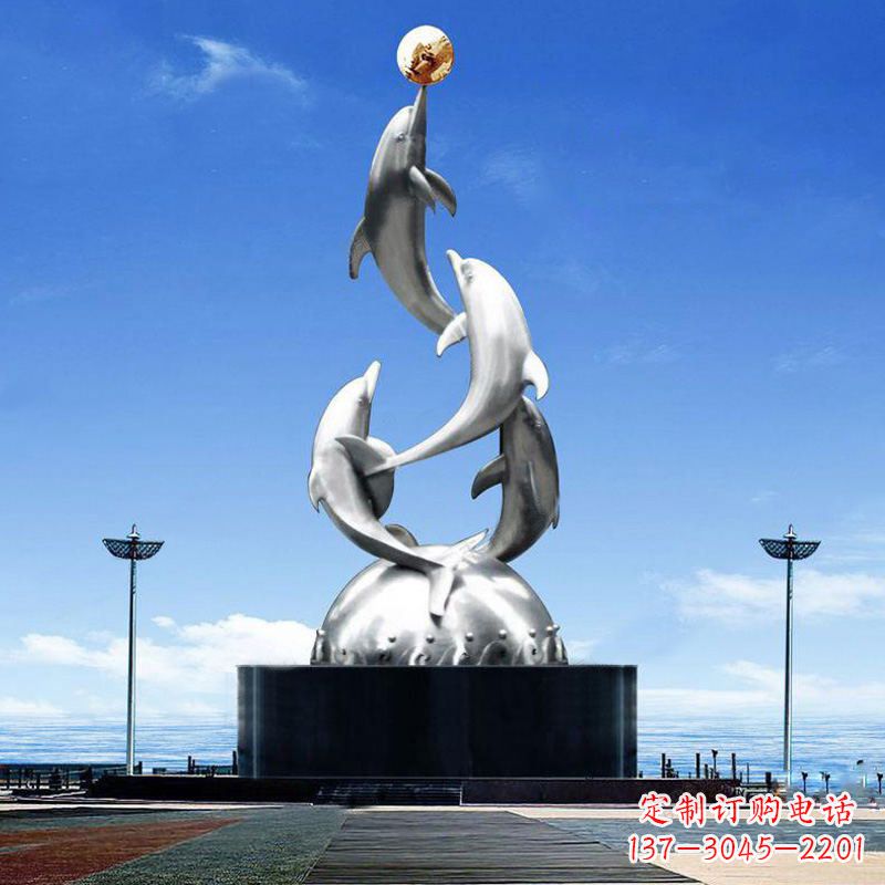 运城大型不锈钢海豚雕塑-学校文化动物景观雕塑