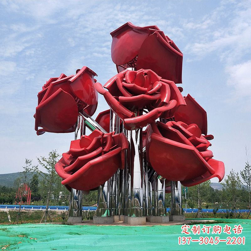 运城大型景区园林不锈钢玫瑰花景观雕塑