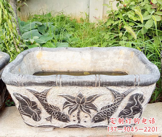 运城方形荷花鲤鱼石浮雕水缸