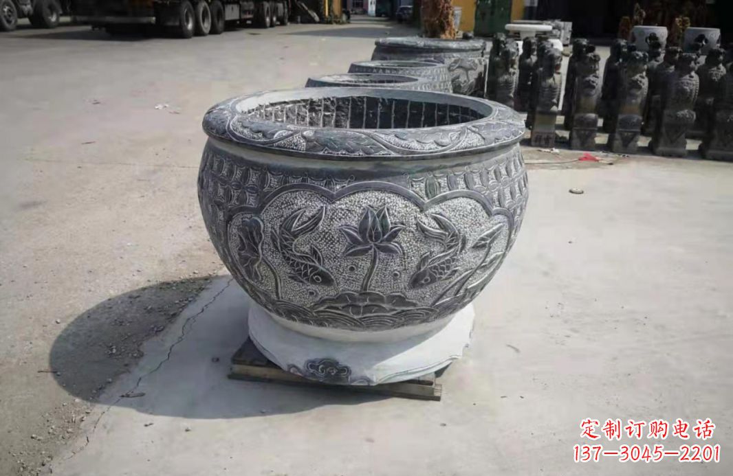 运城仿古石水缸荷花鲤鱼石雕