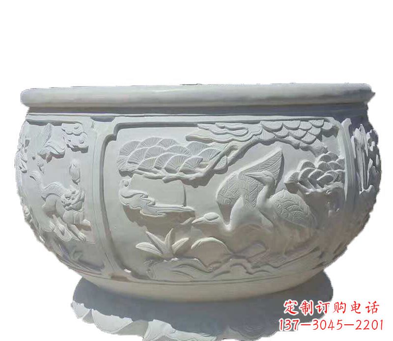 运城仿古鱼缸石雕花盆摆件