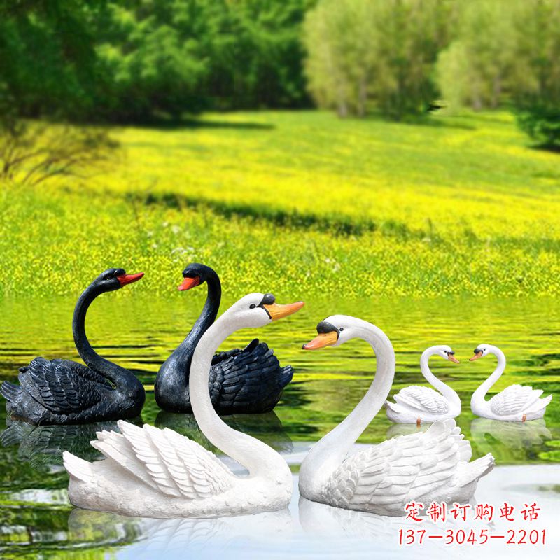 运城仿真天鹅玻璃钢雕塑-黑白天鹅园林水景装饰动物摆件