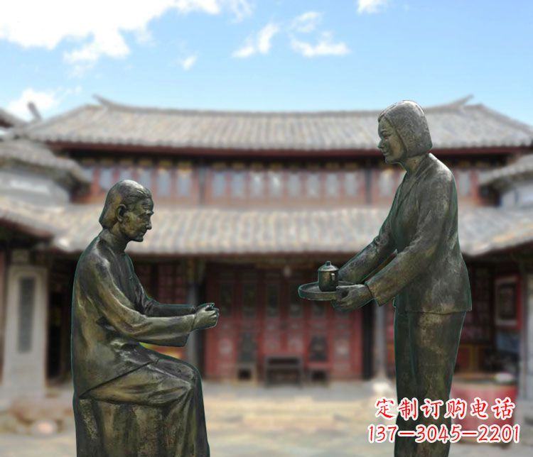 运城给母亲敬茶的女儿铜雕