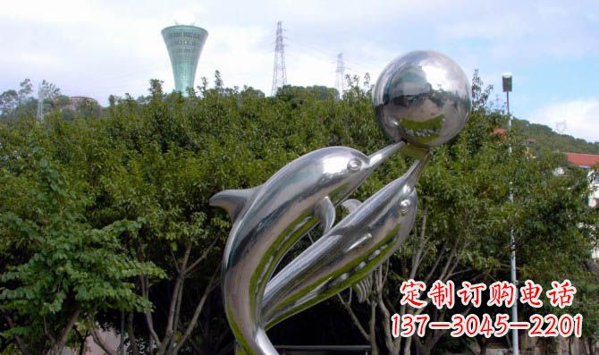 运城高贵静谧的不锈钢海豚顶球雕塑