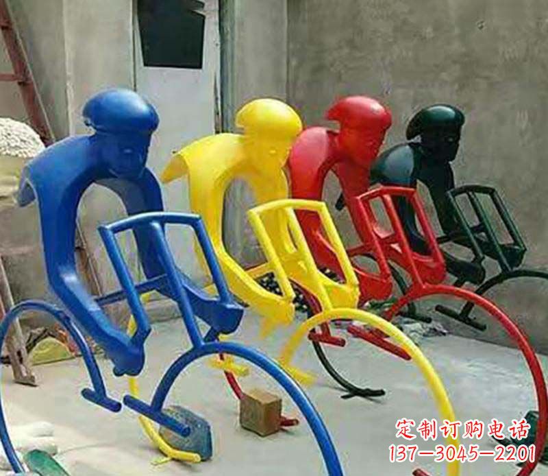 运城不锈钢自行车运动人物景观雕塑
