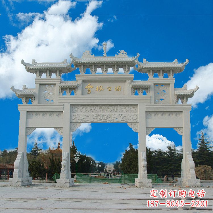 运城传承历史的精美汉白玉三门牌楼雕塑