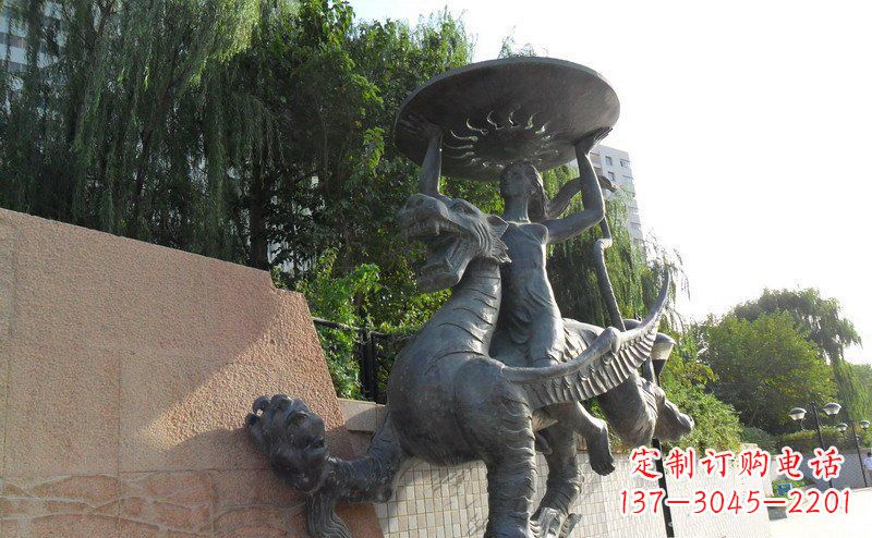 运城公园骑着飞龙的人物景观铜雕