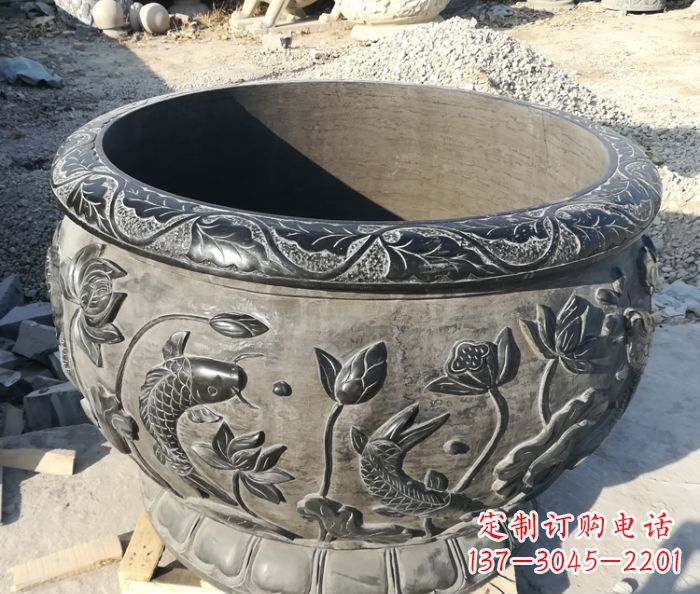 运城青石仿古雕塑荷花水缸