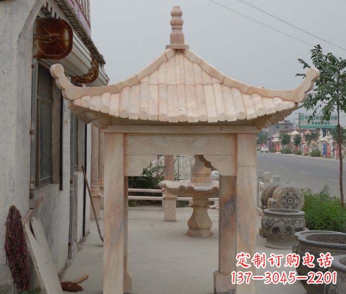 运城公园晚霞红六角石雕凉亭 (4)