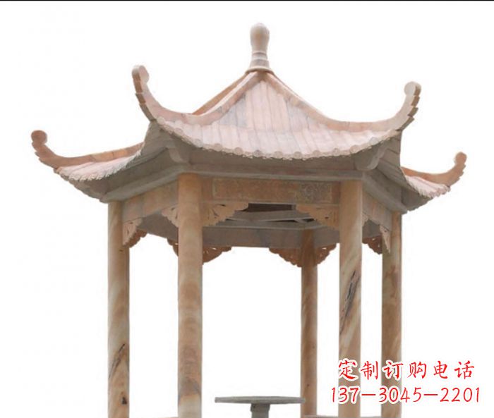 运城美丽而优雅的公园晚霞红六角石凉亭雕塑
