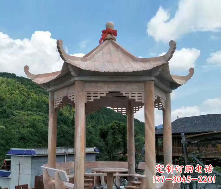 运城一流的公园晚霞红六角石雕凉亭