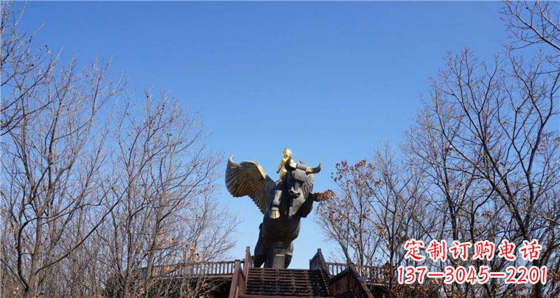 运城精美铜雕雕塑——可爱小男孩站在飞牛上