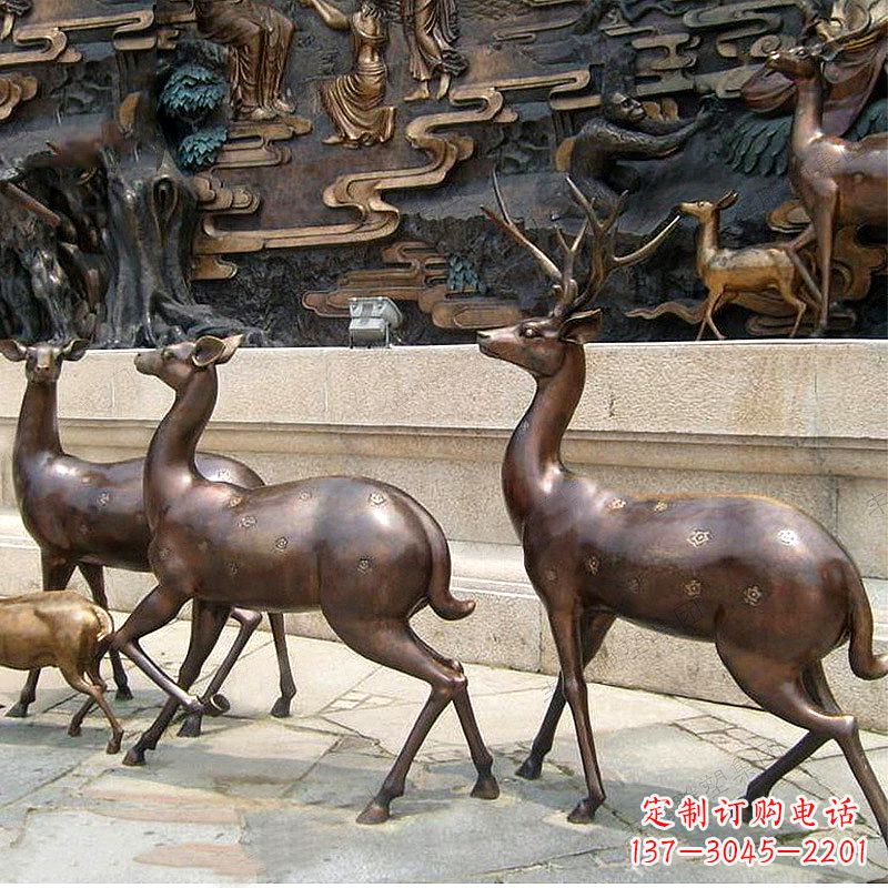 运城古铜色梅花鹿铜雕精美塑型