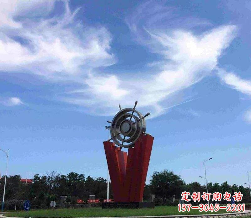 运城海上风情,精致大气的不锈钢船舵雕塑