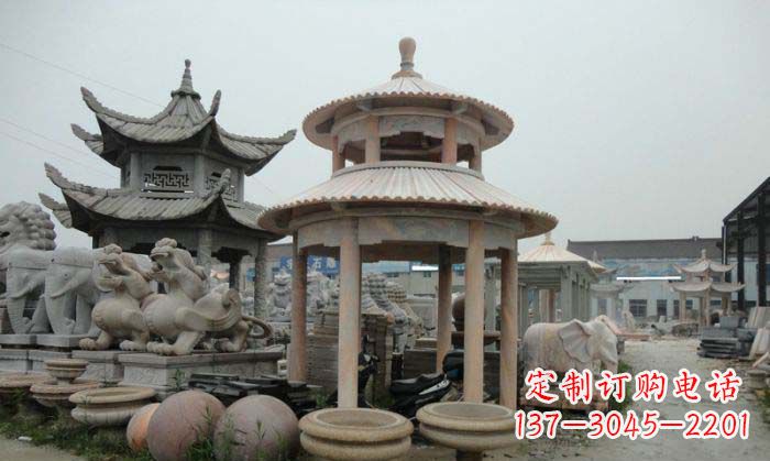 运城海边景观晚霞红圆顶石雕凉亭